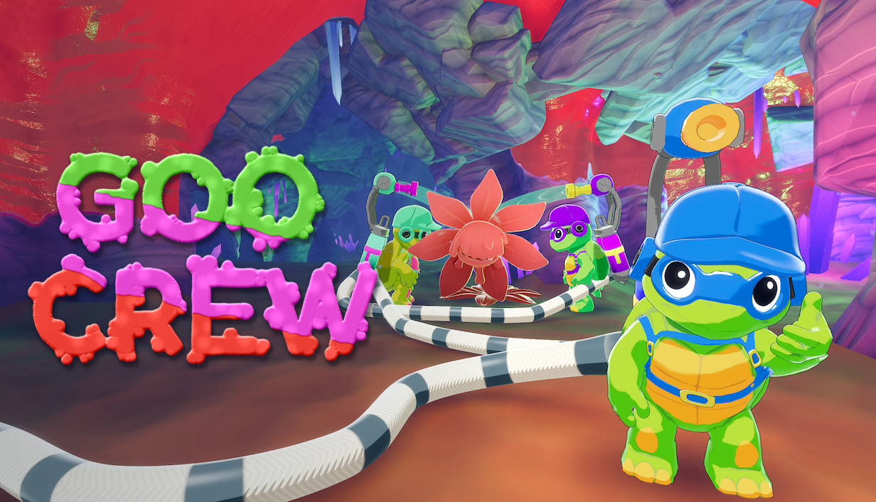 Goo Crew artwork: colorful turtles connected by hoses face a goo flower in a cavern.